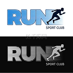 在卡通风格的平面设计中运行两个矢量插图的运动俱乐部标志模板集合与跑步者。