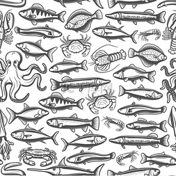 厄尔多尔虾图片_鱼类和海洋动物单色无缝图案海鲜
