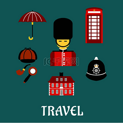 老电话亭图片_英国旅行平面 iocns 和符号与卫兵