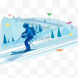 扁平人物旅游图片_滑雪运动员蓝色抽象