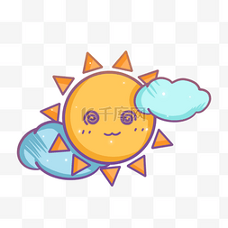 卡通橙色太阳图片_蓝色手绘可爱卡通云朵太阳
