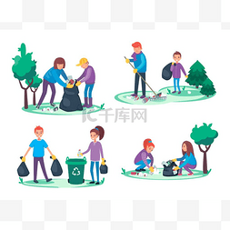 环境插图图片_男孩和女孩拿走垃圾和垃圾。环境