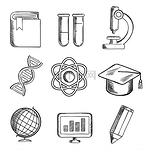 教育和科学素描图标与地球仪、dna、原子、书籍、烧瓶和管子、显微镜、铅笔、计算机和学术帽。