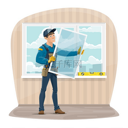 卡通工具和工人图片_塑料窗安装和维修服务。