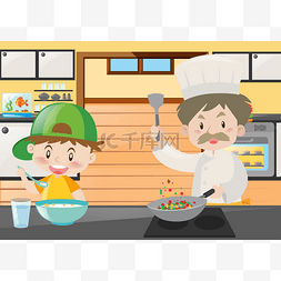 厨师和厨房里做饭的男孩