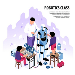 学习教育背景图片_具有可编辑文本的等距机器人儿童