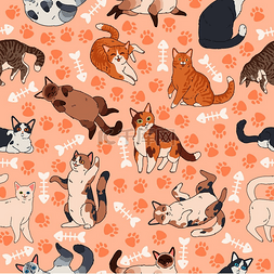 橙色背景装饰图片_模式无缝纹理搭配可爱的多色猫儿