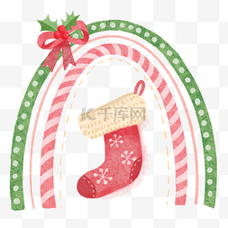 圣诞快乐红色图片_圣诞彩虹水彩风格红色圣诞袜