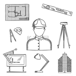 工具绘图工具图片_建筑师和工程师职业图标与头盔、
