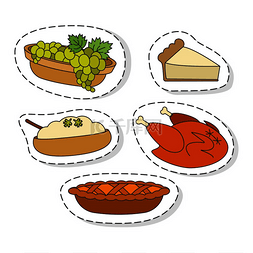 矢量平碗图片_感恩节大餐贴纸或图标套装碗里的