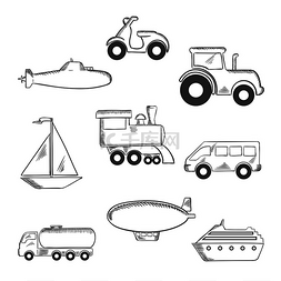 滑板车图标图片_用潜艇、游艇、滑板车、拖拉机、