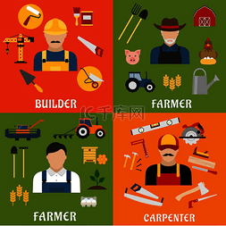工具和机械图片_建筑和农业行业职业图标与扁平的