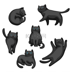 宠物小猫图片_一套卡通黑猫。