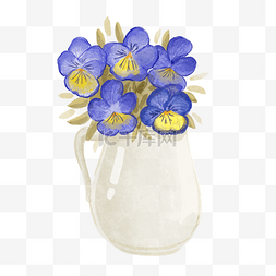 植物线条花朵矢量图片_三色堇水彩风格花瓶里的