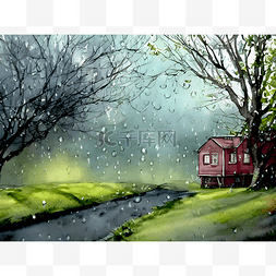 绿地水彩图片_春雨中的小屋水墨