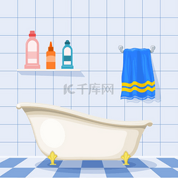 快乐蓝色图片_矢量图的瓷砖地板上的老式浴缸与