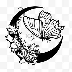 月亮黑白剪影图片_一只侧面的蝴蝶月亮花卉剪影