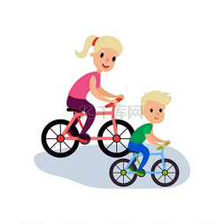 卡通儿童活动图片_妈妈和儿子骑自行车, 体育家庭和