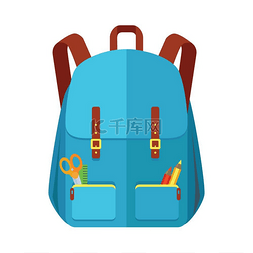 蓝色图标材料图片_扁平风格的 蓝色背包书包 图标。