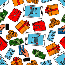 信用卡和购物车图片_购物物品和礼品的无缝图案背景带