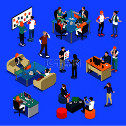 Coworking isometric set with people in workpl