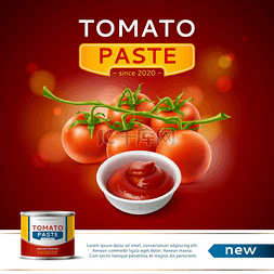腌制食物图片_番茄产品海报带有蔬菜酱的逼真锡