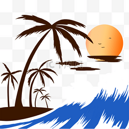 棕榈树夏日图片_蓝白海浪夏日海滩棕榈剪影印花