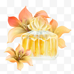 鲜花香水图片_香水瓶和鲜花水彩风格橙色香水