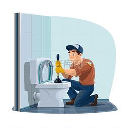 厕所冲水键图片_水管工用柱塞清洁厕所下水道，家