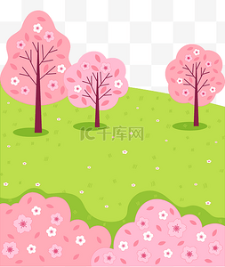 春季樱花树花草清新草坪
