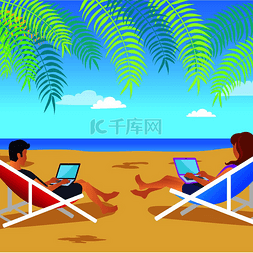 热带风景矢量素材图片_海滩上的工作男人和女人矢量插图