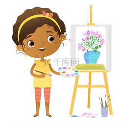 可爱的黑色卡通女孩画一幅画与花