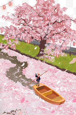 樱花季樱花树下划船