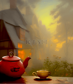 天空温馨图片_窗台上的茶壶与茶杯水墨