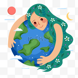 世界地球日卡通微笑搂着地球的女