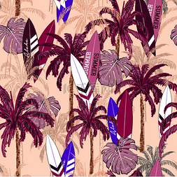 冲浪岛屿图片_ 暑假手绘热带图案，手绘棕榈树