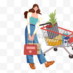 超市购物车图片_扁平风女子消费手提购物袋购物车