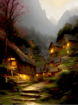 水彩树林插画图片_山中的村庄