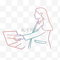 商务人讲图片_彩色线条画商务合作电脑前的女人