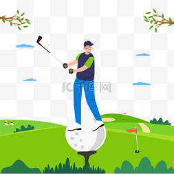 高尔夫插画卡通图片_挥杆的黑帽男士高尔夫运动插画