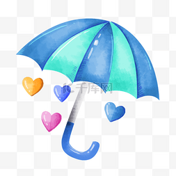 雨伞蓝绿配色爱心图案可爱水彩卡