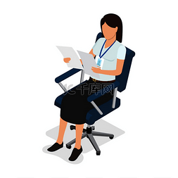 沉思的人图片_深色头发的女人坐在蓝色的椅子上