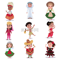 民族服饰手绘图片_在传统的服装，不同国家的孩子设