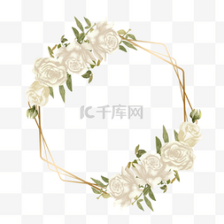 海报边框植物装饰图片_白玫瑰金线边框植物水彩婚礼