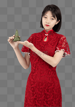 红色旗袍图片_红色旗袍美女展示粽子