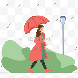 路灯下插画图片_走在路灯下的女人雨中打伞插画