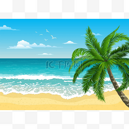 自然背景手绘图片_带棕榈的异国热带风景。波涛汹涌