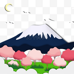 樱花夜色森林山云剪纸画