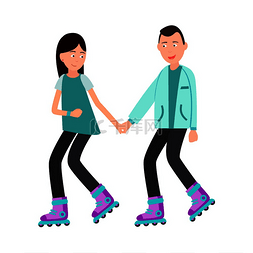 女人和男人一起溜冰，矢量图在白
