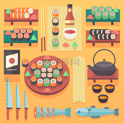 日本美食和美食插图。平面矢量烹